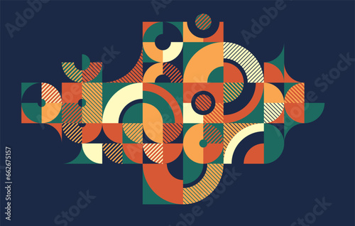 Abstract geometric background over dark, modular tiling ceramic colored ethnic motif graphic design composition, native American Aztec ornament art.