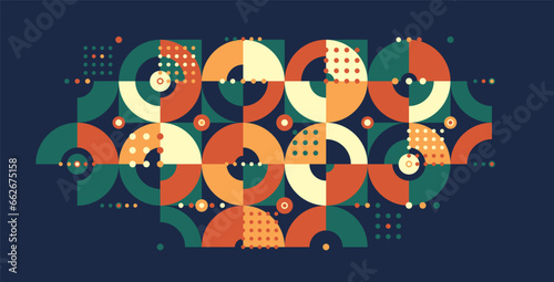 Abstract geometric background over dark, modular tiling ceramic colored ethnic motif graphic design composition, native American Aztec ornament art.