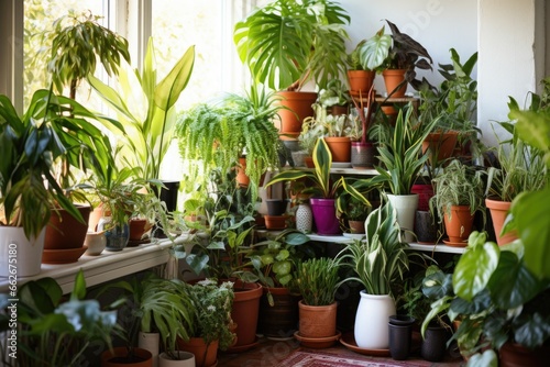 a collection of decorative indoor plants in shiny pots