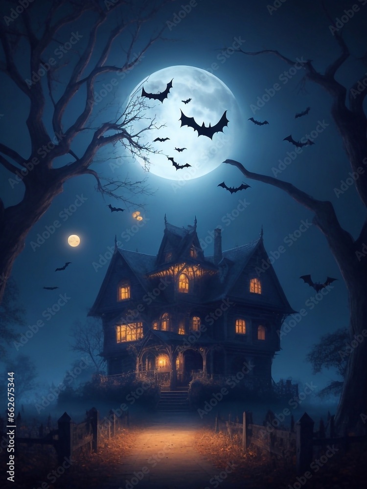 Halloween scene in the night dark moonlight. Old house, trees, pumpkins, bats. Creepy atmosphere foggy landscape cartoon realistic art. Happy Halloween day