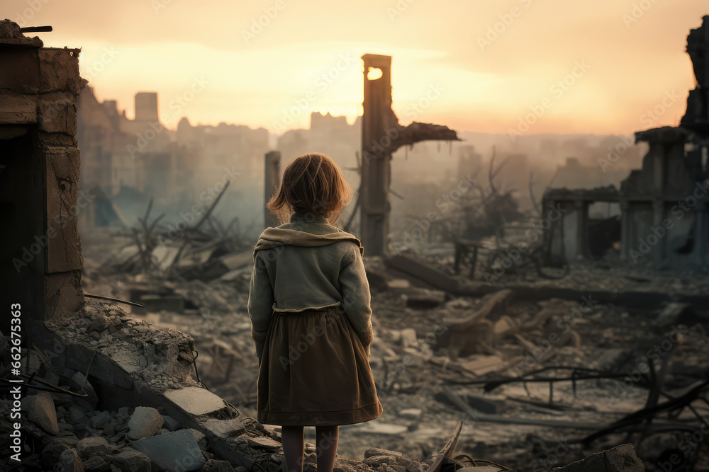 an orphaned child stands in front of the ruins of a town destroyed in the war - obrazy, fototapety, plakaty 