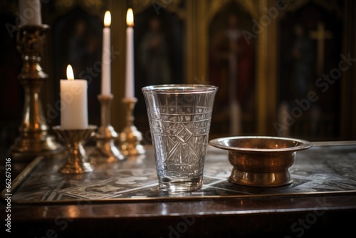 glass vessel filled with water on an altar