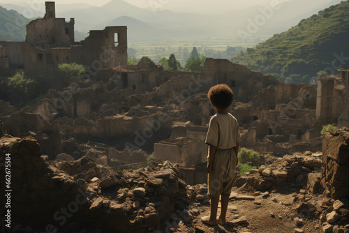 an orphaned child stands in front of the ruins of a town destroyed in the war