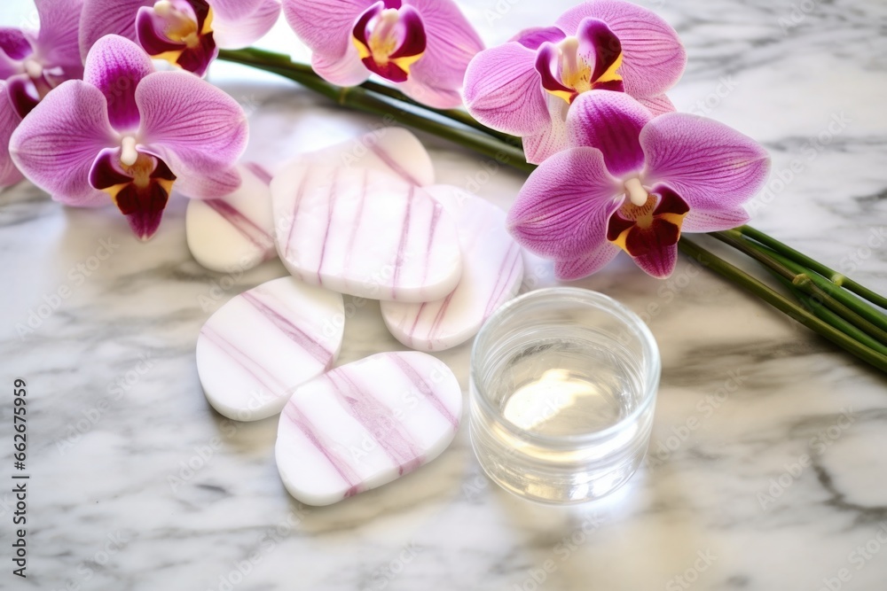 eye gel patches on a marble countertop with orchids