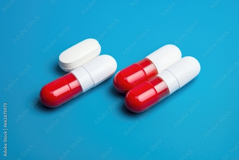 white and red capsules of antibiotics isolated on a blue background white and red capsules of antibiotics isolated on a blue background
