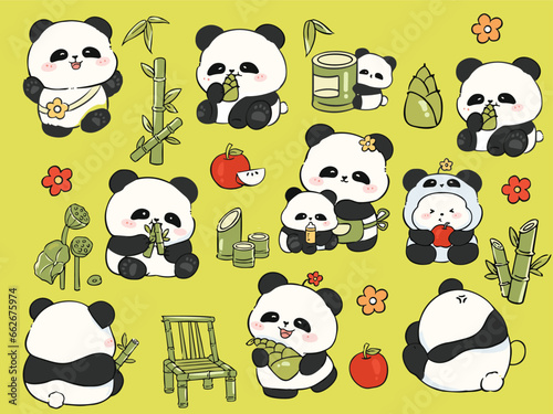 panda cute with bamboo and fruits china cartoon sticker collection