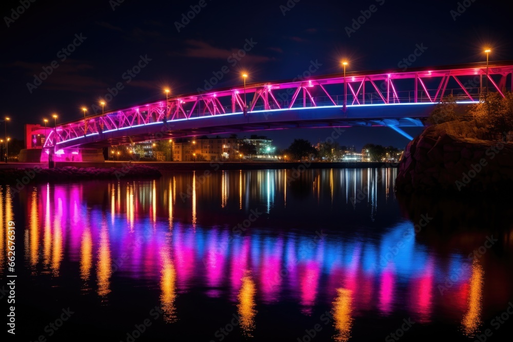 bridge at night with colorful lighting illuminating the water