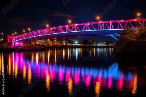 bridge at night with colorful lighting illuminating the water