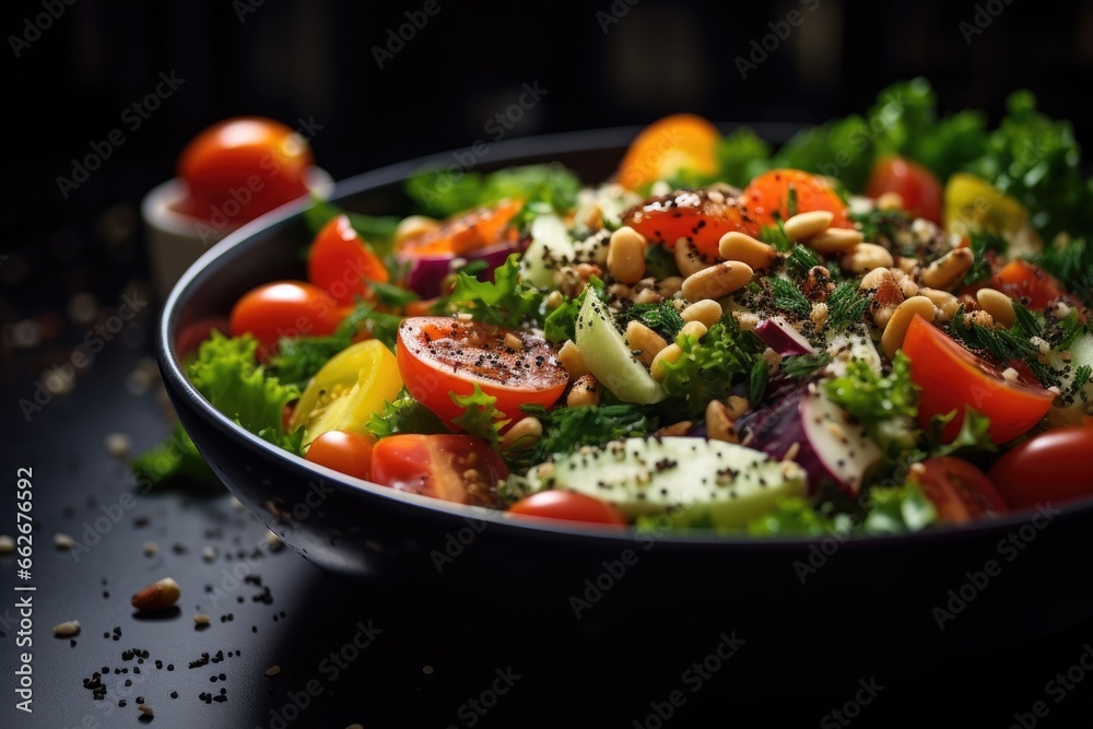 Healthy delicious vegetable salad on dark background.