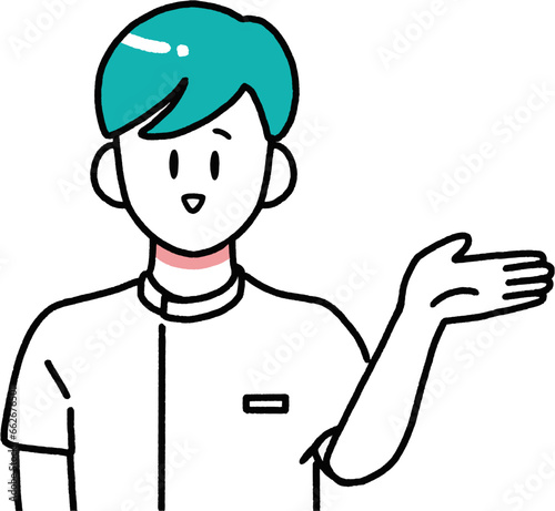 手を差し出し案内する男性看護師のシンプルなイラスト