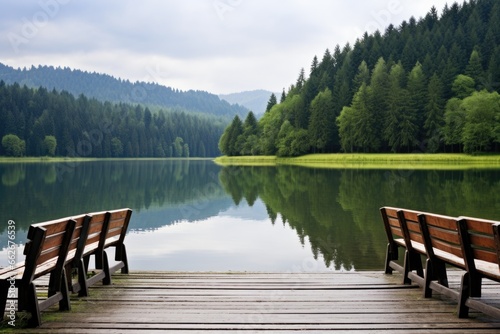 a row of wooden seats overlooking a tranquil lake