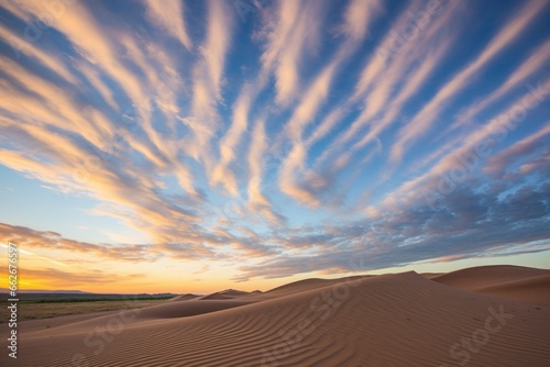 wispy clouds over sand dunes at sunrise