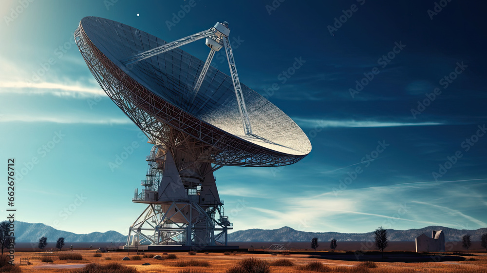 a Radio telescope pointing to the blue sky. a Radio telescope pointing to the blue sky.