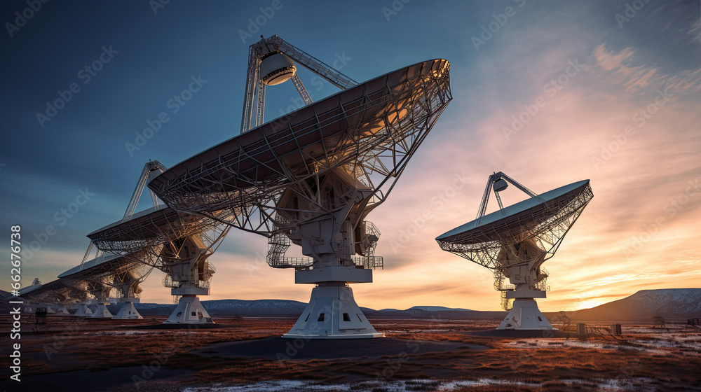 Radio telescopes aligned in the sky at sunset. Radio telescopes aligned in the sky at sunset.
