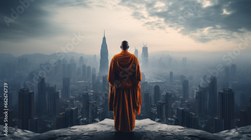 Buddhist Monk back view, looking at a big city. photo