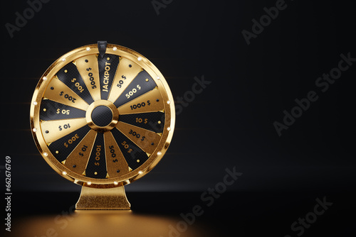 Golden wheel of fortune on a dark background, luxury style black and gold. Casino concept, luck, luck, gambling, gambling establishments. Website template, 3D illustration, 3D Render, copy space.