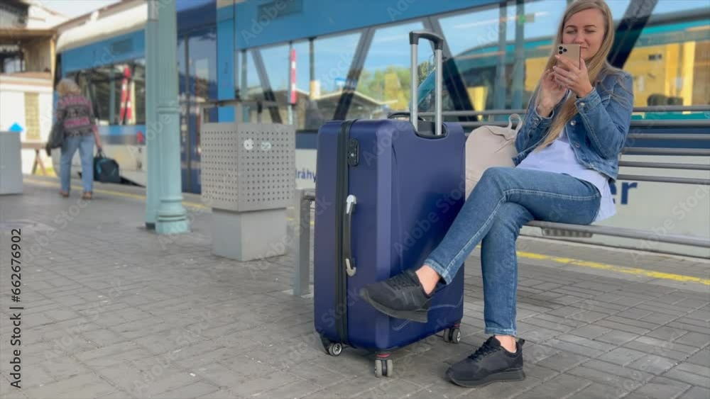 A woman uses a smartphone while waiting for a train at a railway station. Waiting for the train A woman uses a smartphone while waiting for a train at a railway station. Waiting for the train