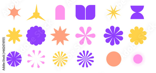 Brutalist abstract geometric shapes and grids. Brutal contemporary figure star oval spiral flower and other primitive elements. Swiss design aesthetic. Bauhaus memphis design