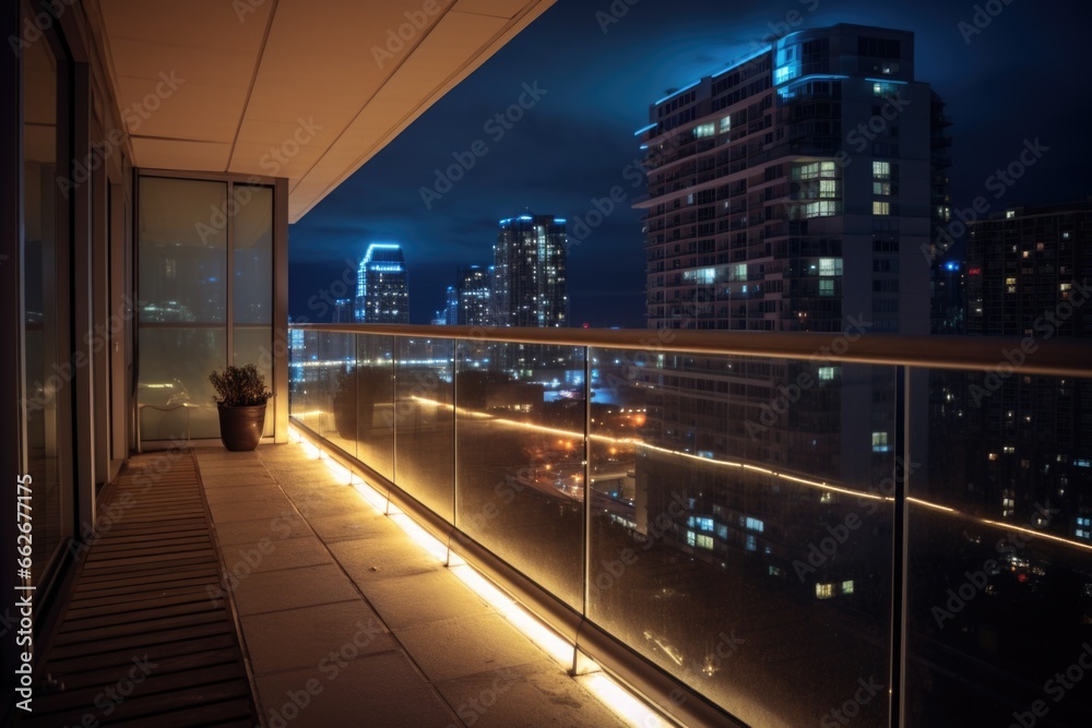portion of a high-rise balcony with glass railing and floor lighting - obrazy, fototapety, plakaty 