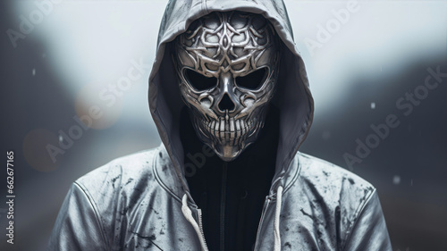 Person with silver skull mask and hooded jacket