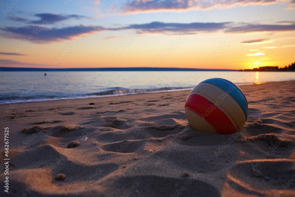 a beach ball and frisbee left on the beach at sunset