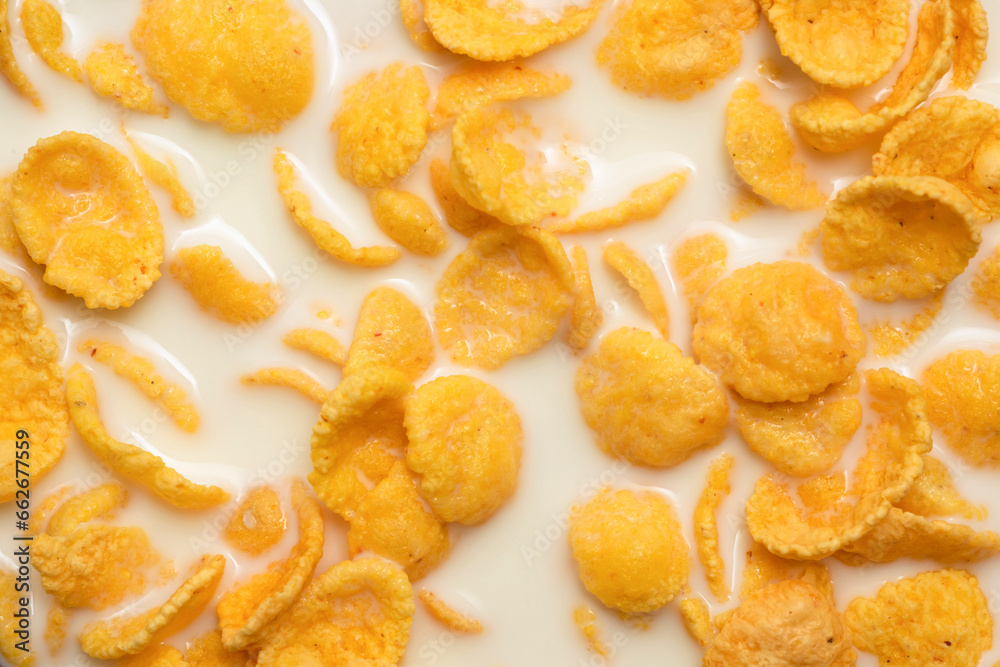 Background of corn flakes with milk close-up. Morning breakfast Background of corn flakes with milk close-up. Morning breakfast