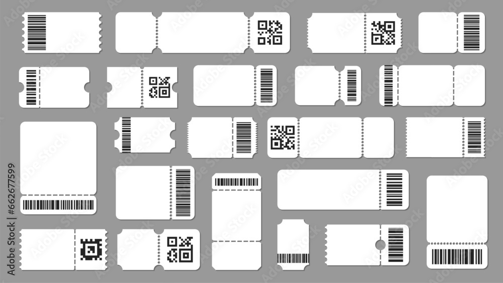 Ticket template with code. Barcode label with text, stub ticket with QR