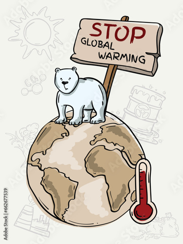 Colored vector hand drawn illustration of a polar bear dying from global warming and climate change