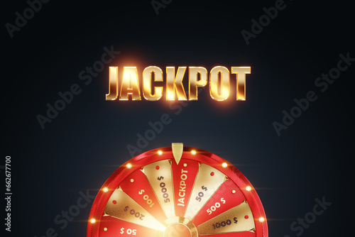 The inscription jackpot and golden Wheel of Fortune on a dark background. Casino concept, big win, luck, gambling, lucky person. 3D illustration, 3D Render, copy space.