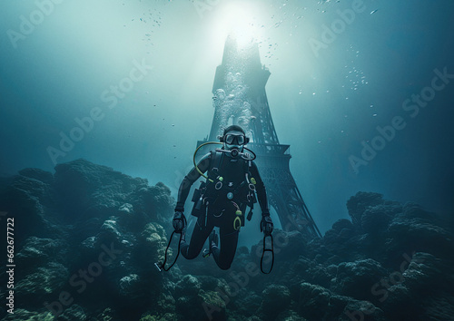Fototapeta Eiffel Tower under water symbolic image for future sea level rise