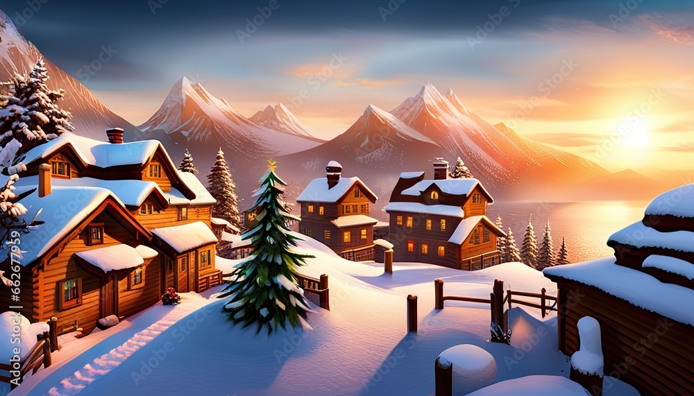 Cartoon Winter Landscape of Cottage Covered in Snow and Christmas Tree