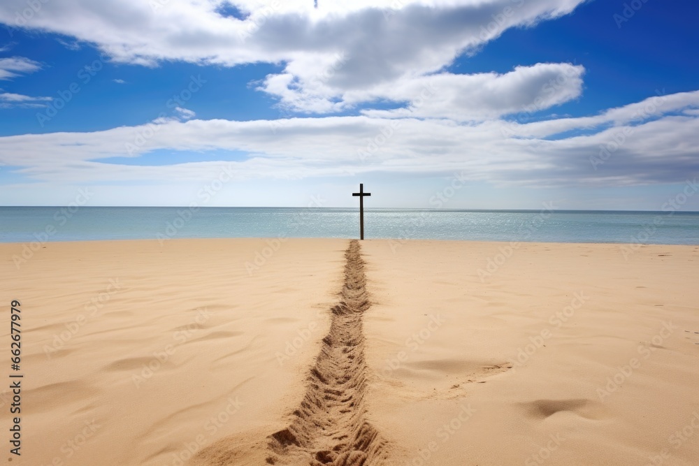 footprints leading to a lone cross on a sandy beach