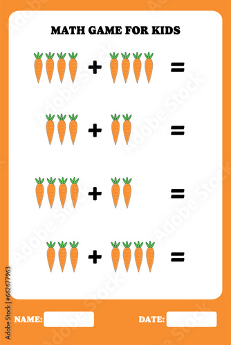 Addition page for kids. Educational math game for children with carrot. Printable worksheet design. Learning mathematic. photo