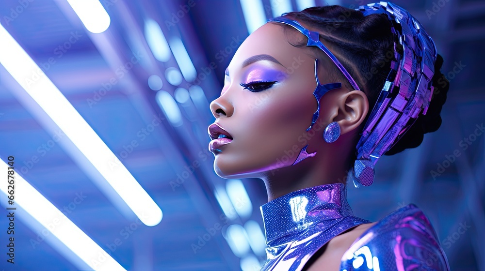Model portraying a futuristic metallic beauty look, set in a high-tech environment Model portraying a futuristic metallic beauty look, set in a high-tech environment