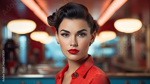 Model portraying a classic Hollywood beauty look, emphasizing the red lips and defined brows, set in a vintage cinema