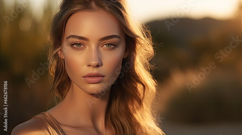 Model showcasing a natural makeup look, emphasizing the glow and freshness, set against a dewy morning backdrop