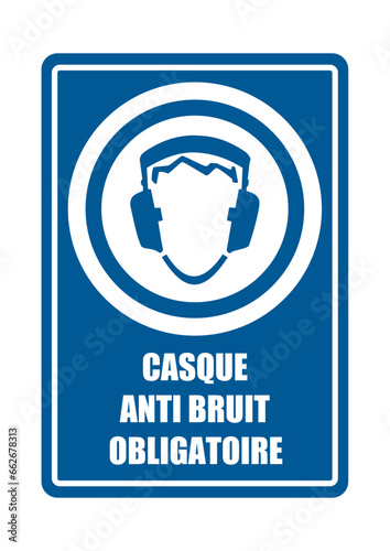 affiche casque anti bruit obligatoire equipement sécurité travail EPI icones rond fond bleu