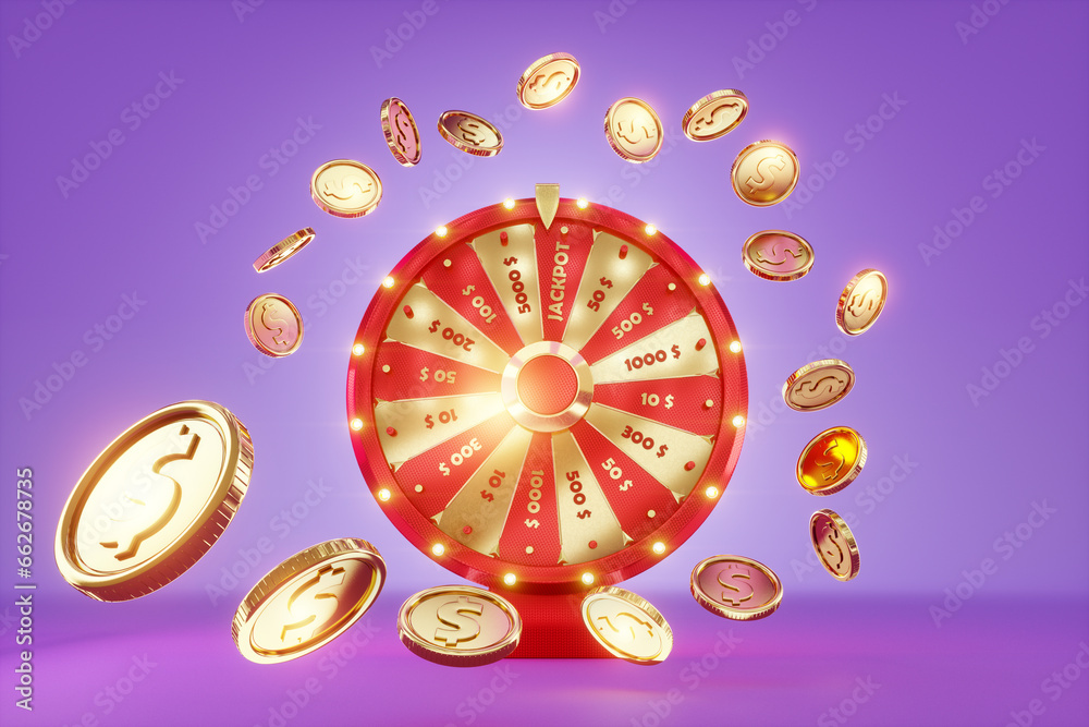 Wheel of fortune and gold coins spin on a blue background. Casino concept, winner, prize game, luck, gambling. Design template, 3D illustration, 3D Render, copy space.