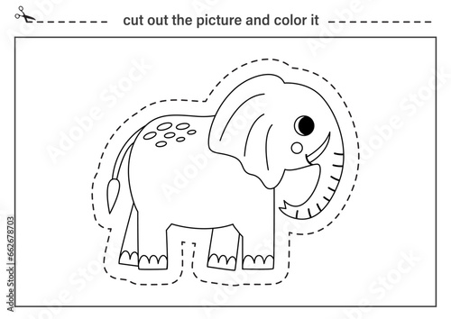 Cutting practice for kids. Black and white worksheet. Cut out cartoon elephant.