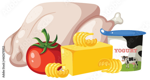 Group of Healthy Food with Butter, Yogurt, Chicken, Tomato
