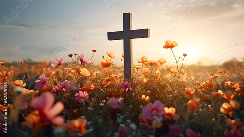 A jesus cross in a snowy meadow in winter
