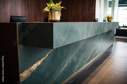 a hotel reception desk with a modern aesthetic