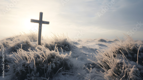 A jesus cross in a snowy meadow in winter