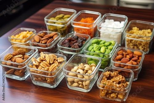 raw nuts portioned out in small containers on a table © altitudevisual