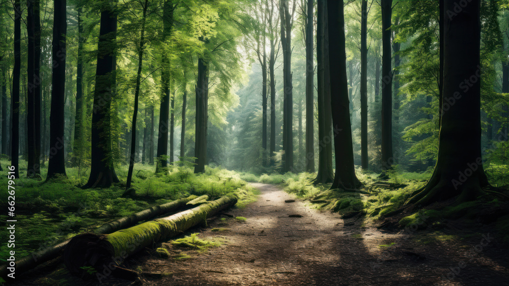 Sunlight in the green forest. Panoramic image of nature Sunlight in the green forest. Panoramic image of nature