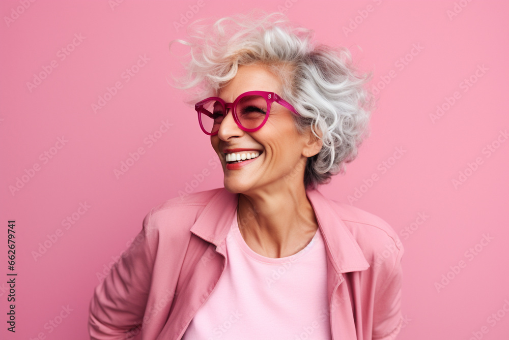 Portrait of attractive elderly happy excited laughing woman with gray hair wearing sunglasses over pink background. AI generated