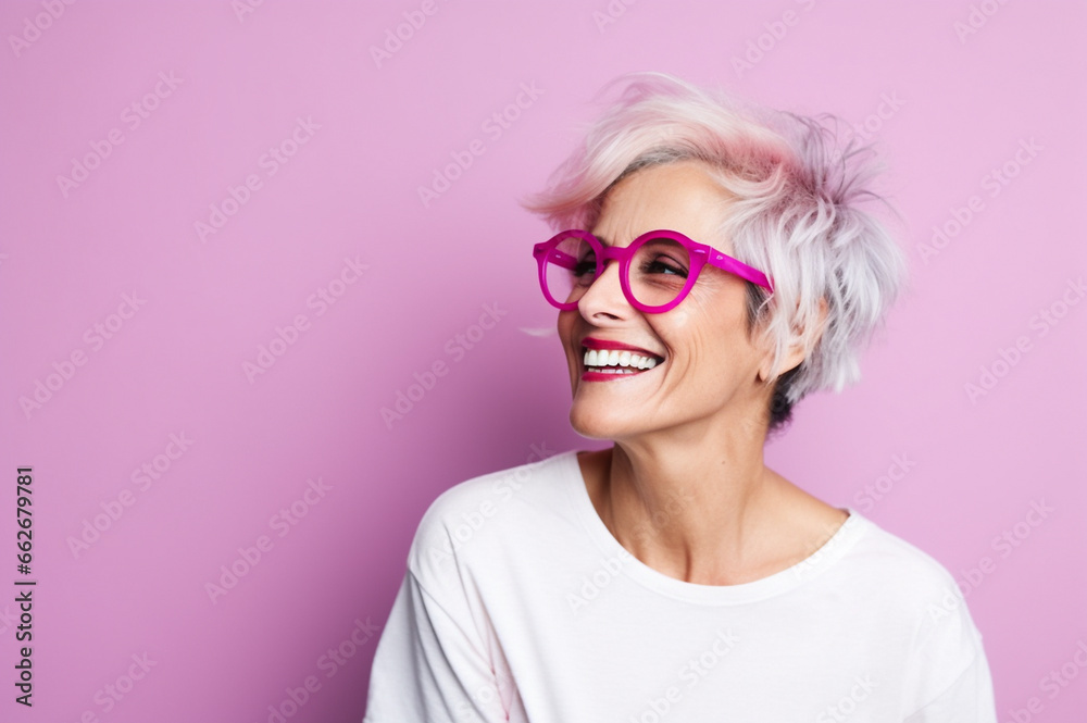 Portrait of attractive elderly happy excited laughing woman with gray hair wearing sunglasses over pink background. AI generated