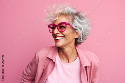 Portrait of attractive elderly happy excited laughing woman with gray hair wearing sunglasses over pink background. AI generated