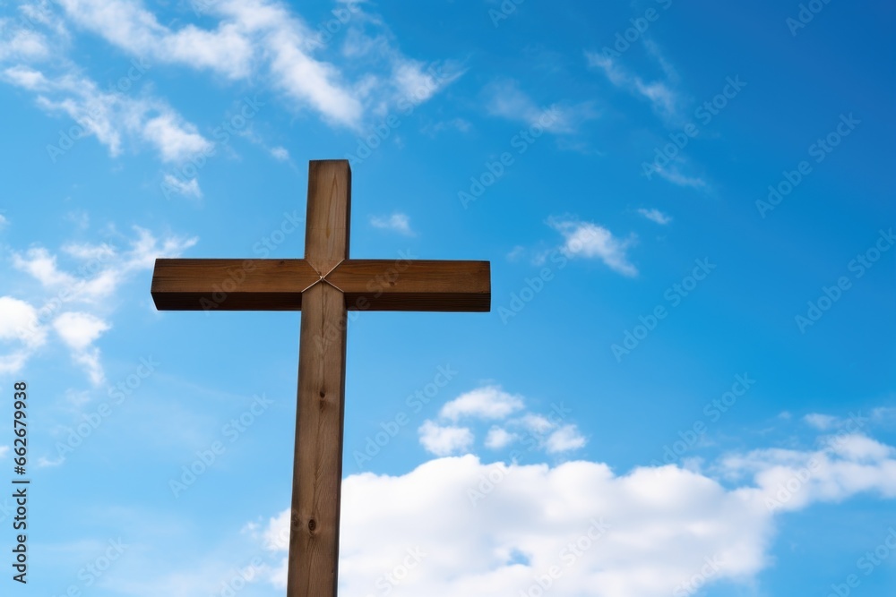 a wooden cross against a blue sky