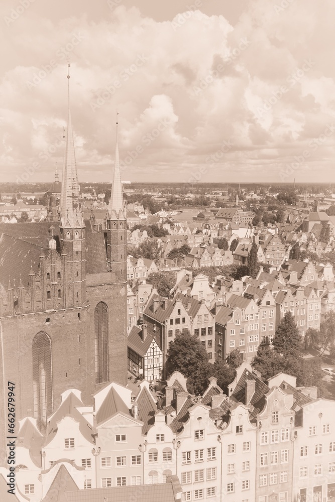 Gdansk, Poland. Polish landmark. Old postcard style - vintage paper sepia tone retro style.